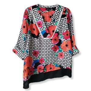 Rafaella Women Linen Tunic Top M Floral Artsy Boho Colorful Statement NEW
